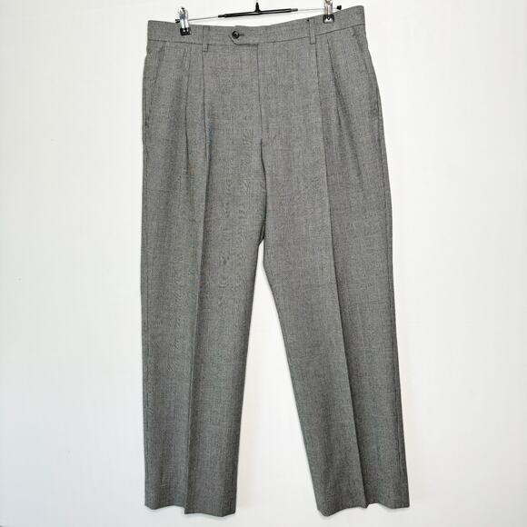 Paul Fredrick Wool Pants Mens Size 37 Black‎ Glen Plaid Pleated Straight Leg Vtg - Picture 1 of 11